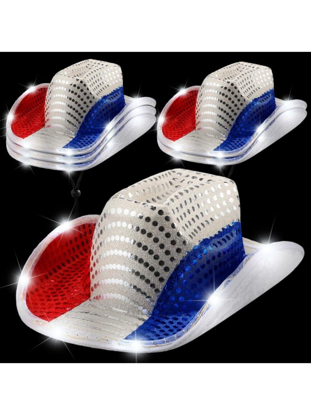 Light Up Sequin Cowboy Hat Set - 4th of July Party, Red White Blue LED Hats